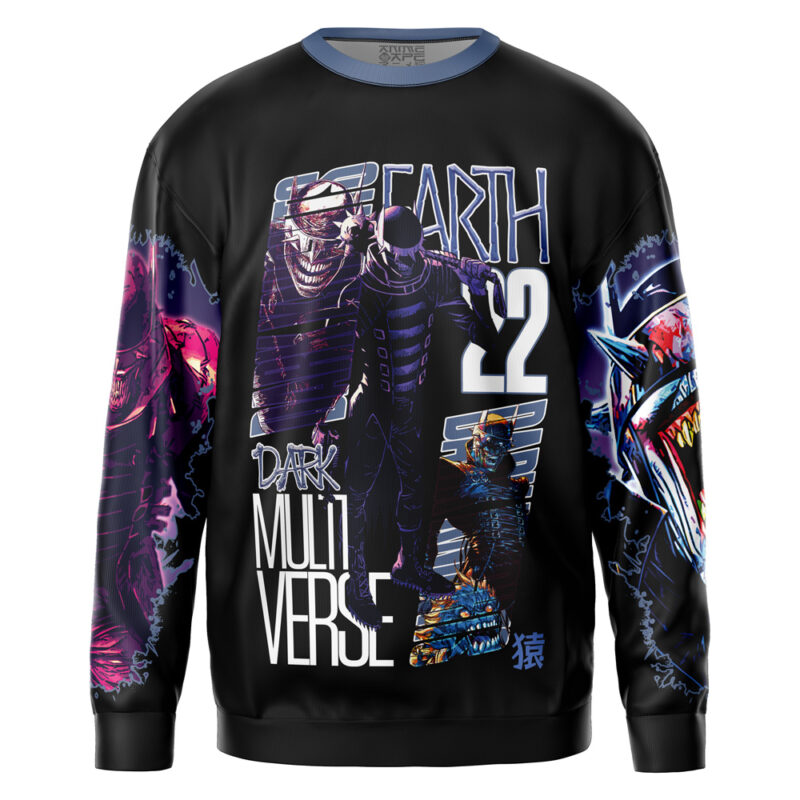 The Batman DC Comics Streetwear Sweatshirt is black with bold, colorful comic-style art of masked and monstrous characters, featuring "EARTH 52" and "DARK MULTIVERSE" text across the front and sleeves.
