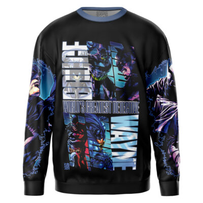 A black sweatshirt featuring comic-style illustrations of Maka Albarn and Soul Evans from Soul Eater in various action poses, with bold white text and blue accents highlighting the design. "Maka x Soul" is featured vertically on the front.