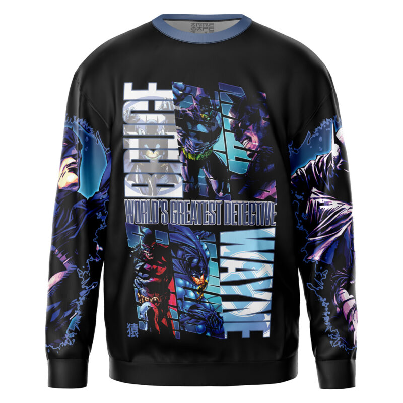 A black sweatshirt featuring comic-style illustrations of Maka Albarn and Soul Evans from Soul Eater in various action poses, with bold white text and blue accents highlighting the design. "Maka x Soul" is featured vertically on the front.