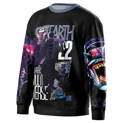 The Batman DC Comics Streetwear Sweatshirt (Copy) is a black sweatshirt with vibrant comic-style art of armored heroes, a roaring monster, and "EARTH 52 DARK MULTIVERSE" boldly displayed on the front.