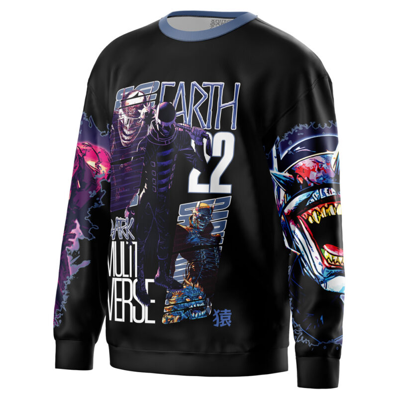 The Batman DC Comics Streetwear Sweatshirt (Copy) is a black sweatshirt with vibrant comic-style art of armored heroes, a roaring monster, and "EARTH 52 DARK MULTIVERSE" boldly displayed on the front.
