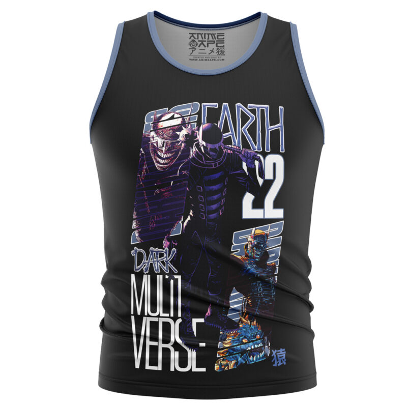 The Batman DC Comics Streetwear Tank Top features bold anime-style characters, “EARTH 22,” “DARK MULTIVERSE” text, and futuristic elements in black fabric with purple, white, and blue highlights.