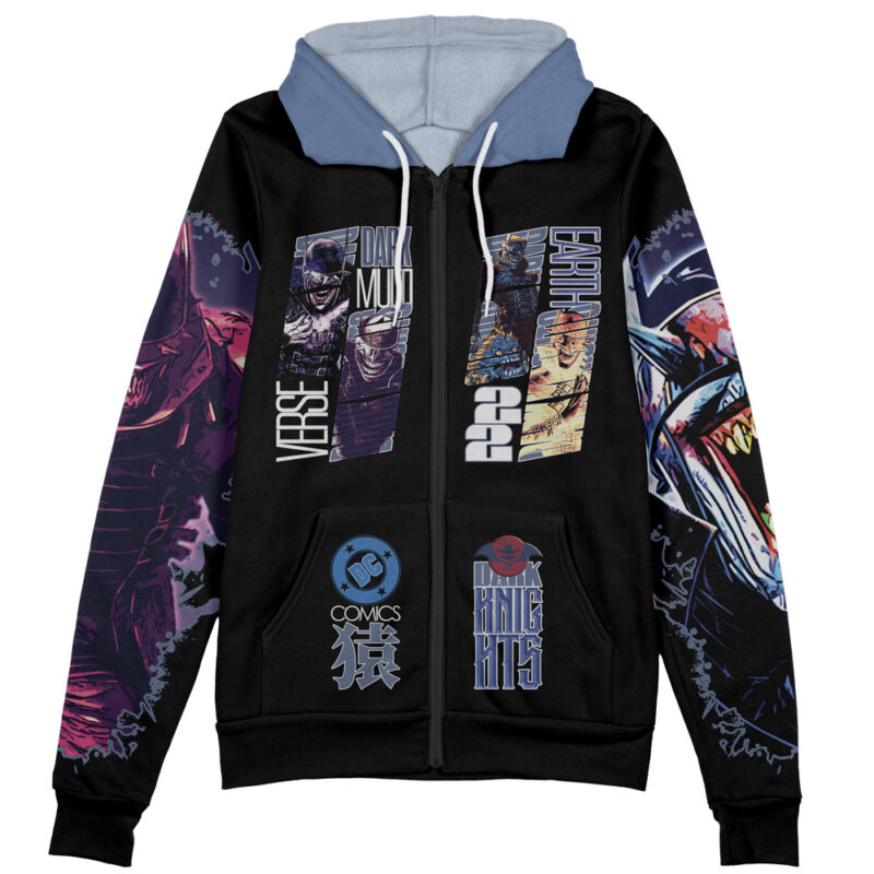 The Batman DC Comics Streetwear Zip Hoodie Jacket is black and blue with bold comic-style graphics, DC logos, Dark Multiverse, Earth 22, plus Batman and The Batman Who Laughs on the sleeves and front.