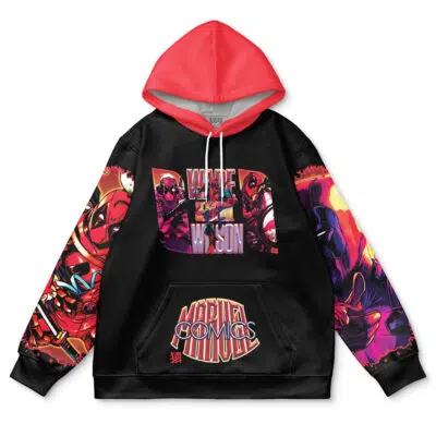A black and red streetwear hoodie featuring colorful comic art of the Batman Who Laughs on the sleeves and chest, with “Batman Who Laughs” and “DC Comics” written on the front. The hood is red with a light gray lining.