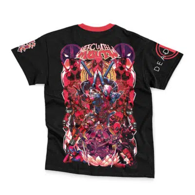 A black Batman Who Laughs DC Comics streetwear T-shirt features a detailed graphic of the Batman Who Laughs in dynamic poses, with themed text above. The sleeves display DC comics logos and related text.