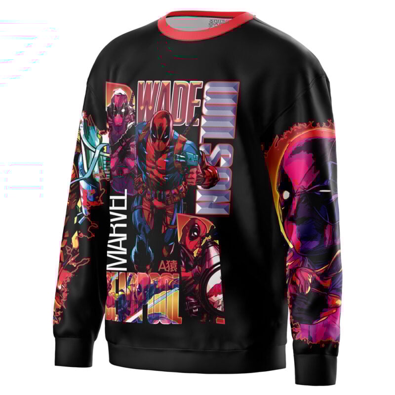 A black long-sleeve sweatshirt featuring striking comic-style graphics of DC Comics’ Batman who Laughs, with bold “BATMAN WHO LAUGHS” and “DC COMICS” texts in vibrant colors on the front and sleeves.