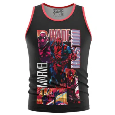 A black tank top with red trim featuring colorful DC Comics Batman Who Laughs graphics, showcasing three images of Batman Who Laughs, his weapons, and bold text reading Bruce Wayne, DC Comics, and Batman Who Laughs.