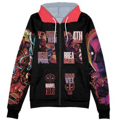 A black zip-up hoodie featuring Batman who Laughs graphics and text from DC Comics, designed in a streetwear style.