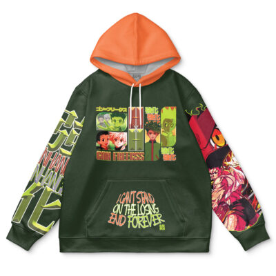 The Voldemort Harry Potter Streetwear Hoodie features a dark green body with an orange hood, bold anime-style character graphics, Japanese text, and I CAN’T STAND ON THE LOSING END FOREVER. on the front. Detailed graphics cover both sleeves.