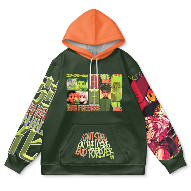 The Voldemort Harry Potter Streetwear Hoodie features a dark green body with an orange hood, bold anime-style character graphics, Japanese text, and I CAN’T STAND ON THE LOSING END FOREVER. on the front. Detailed graphics cover both sleeves.