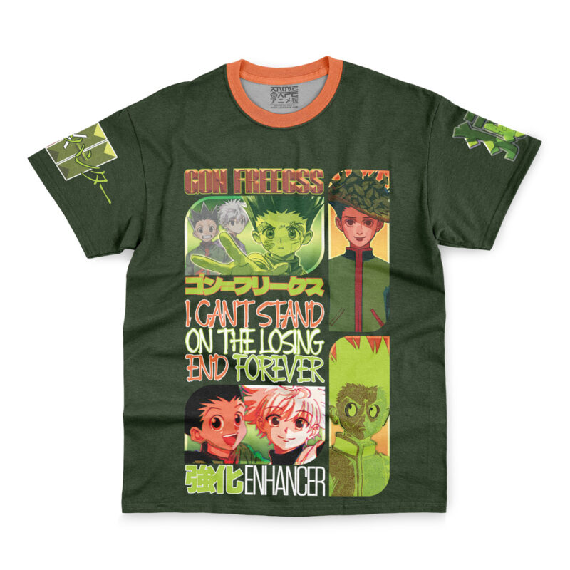 Dark green Voldemort Harry Potter Streetwear T-Shirt with comic-style anime panels, text Gon Freecss, I cant stand on the losing end forever, and Enhancer in colorful fonts. Features an orange neckline and character on sleeve.
