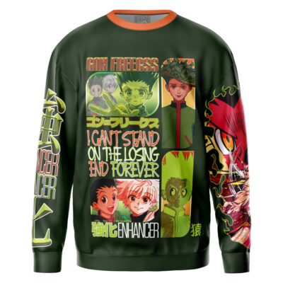 The Voldemort Harry Potter Streetwear Sweatshirt (Copy) is a green sweatshirt showcasing vibrant anime-inspired designs, bold Japanese and English text, and expressive cartoon characters on the front and sleeves.