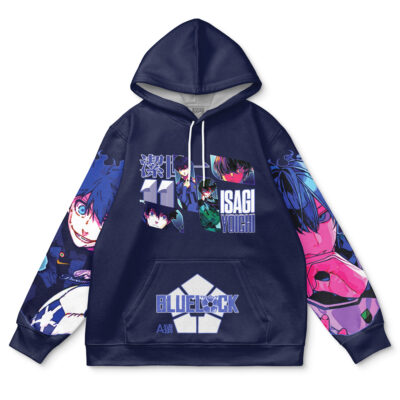 Navy blue Deadpool Marvel Comics Streetwear Hoodie featuring colorful anime-style graphics of characters, a soccer ball, and “ISAGI YOICHI” and “BLUELOCK” text on the front and sleeves.