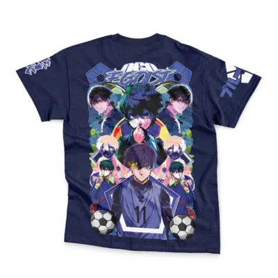 A navy blue Deadpool Marvel Comics Streetwear T-Shirt featuring vibrant anime-style graphics, dynamic backgrounds in blue, green, and purple tones, and bold "Egoist" text.
