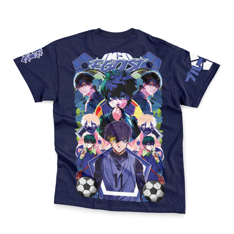 A navy blue Deadpool Marvel Comics Streetwear T-Shirt featuring vibrant anime-style graphics, dynamic backgrounds in blue, green, and purple tones, and bold "Egoist" text.