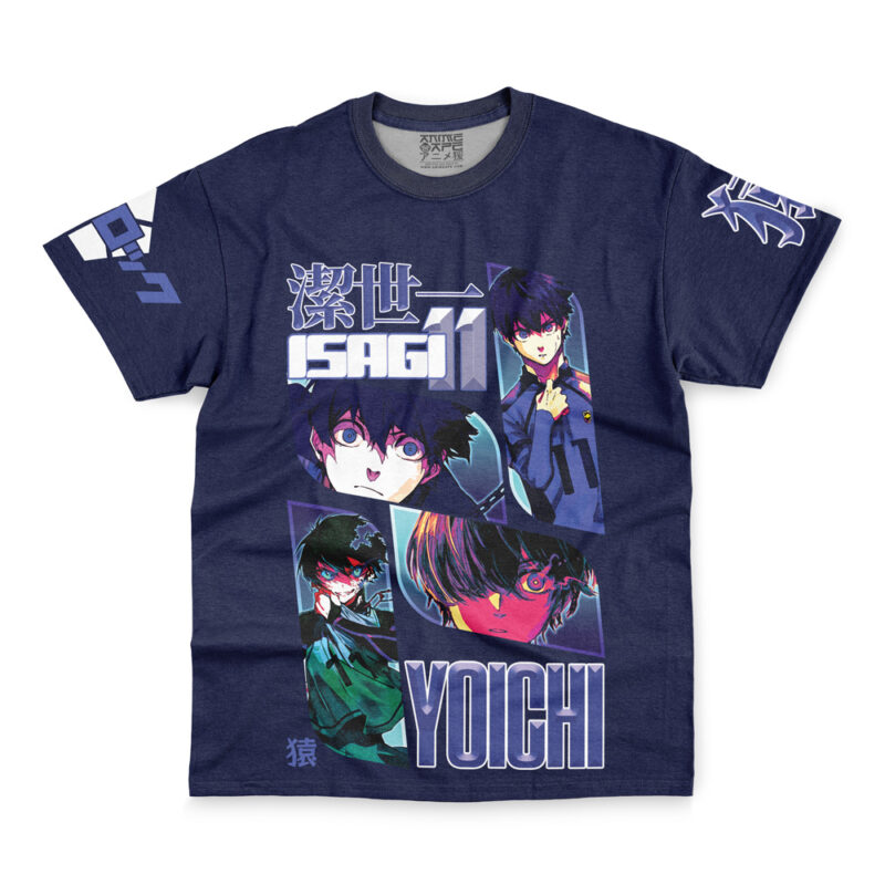 A navy blue Deadpool Marvel Comics Streetwear T-Shirt featuring stylized anime art of Deadpool in various poses, Japanese text, and bold white and blue lettering in a collage style on the front.