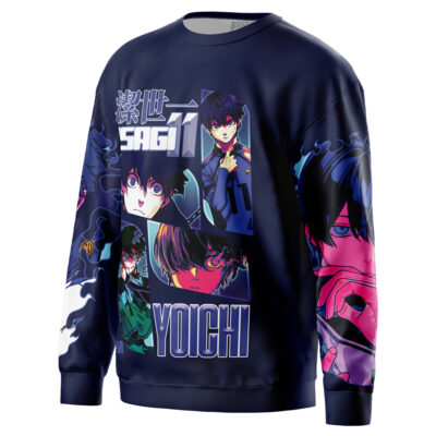 The Deadpool Marvel Comics Streetwear Sweatshirt features a navy blue design with vibrant anime-style graphics of a male character, Japanese text, and bold “SAGI” and “YOICHI” lettering in white and blue.