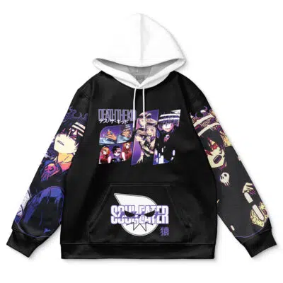 The Usagi Tsukino V2 Sailor Moon Streetwear Hoodie (Copy) is a black and white hoodie with a white hood, featuring colorful anime-style characters, comic panels, and bold graphic text on the front and sleeves.