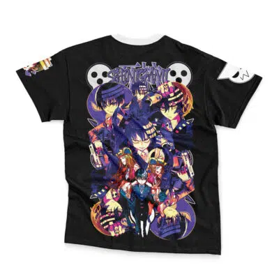 The Usagi Tsukino V2 Sailor Moon Streetwear T-Shirt (Copy) is a black tee with colorful anime characters, bold “Shonen Jump” text on top, and white accents on the sleeves and collar.