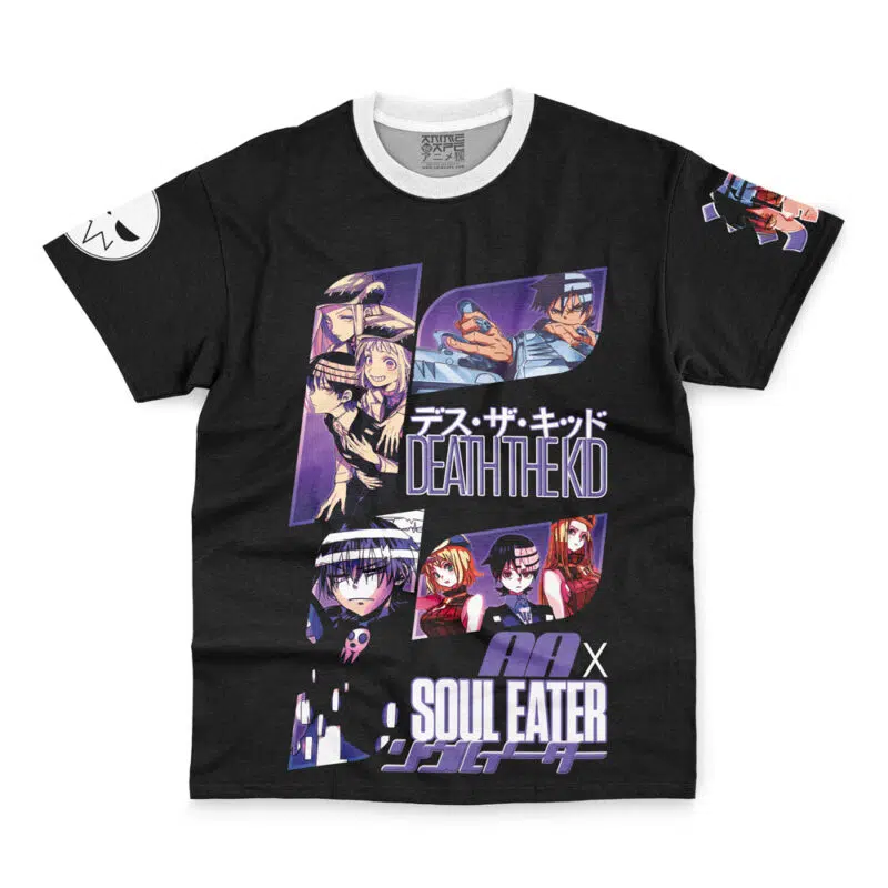 A black Usagi Tsukino V2 Sailor Moon Streetwear T-Shirt featuring colorful anime-style graphics, Japanese text, and bold white and purple "Sailor Moon" lettering across the front.