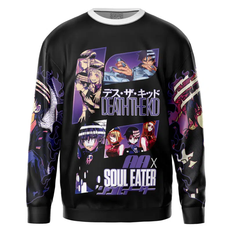 Black sweatshirt featuring vibrant anime-style art and Japanese text. "Usagi Tsukino" and "Sailor Moon" are prominently displayed with dynamic characters and bold streetwear graphic designs.