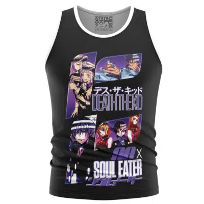 Black tank top featuring Usagi Tsukino from Sailor Moon, with bold streetwear design elements, character illustrations, and vibrant purple and white accents.