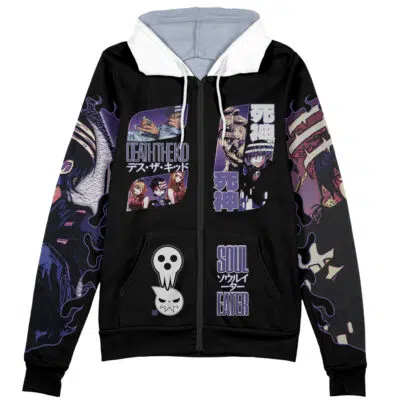 A black zip-up hoodie with white hood lining, featuring vibrant Usagi Tsukino and Sailor Moon streetwear designs, Japanese text, and themed logos on the front and sleeves in purple, blue, and white.