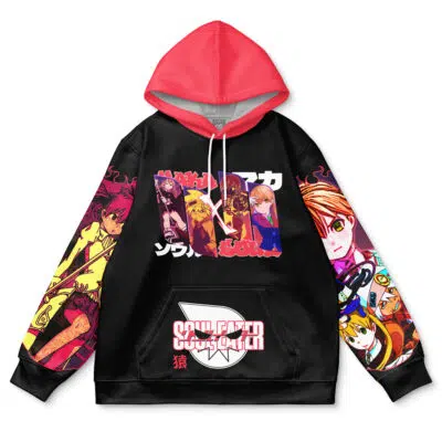 The Death the Kid V2 Soul Eater Streetwear Hoodie features bold black and red colors, vibrant anime-style characters, Japanese text on the front and sleeves, and the Soul Eater logo across the lower chest.