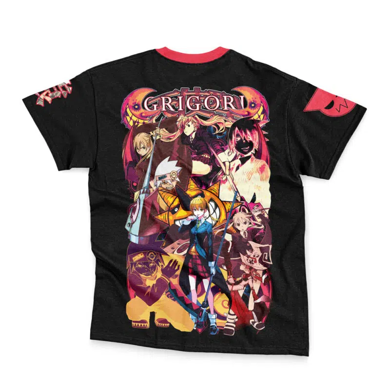 A black Death the Kid V2 Soul Eater Streetwear T-Shirt with red trim, featuring vibrant anime-style characters and "GRIGORI" at the top, all striking dynamic poses in unique outfits and expressions.