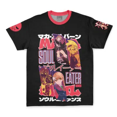 Death the Kid V2 Soul Eater Streetwear T-Shirt features vibrant anime graphics of Soul Eater characters, bold Japanese and English text, plus red accents on the collar and sleeves for standout style.