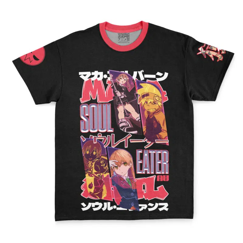 Death the Kid V2 Soul Eater Streetwear T-Shirt features vibrant anime graphics of Soul Eater characters, bold Japanese and English text, plus red accents on the collar and sleeves for standout style.