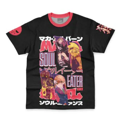 The Death the Kid V2 Soul Eater Streetwear T-Shirt is a black tee with red trim, featuring vibrant anime characters, bold "Soul Eater" text, Japanese writing, and eye-catching graphics on the front and sleeves.