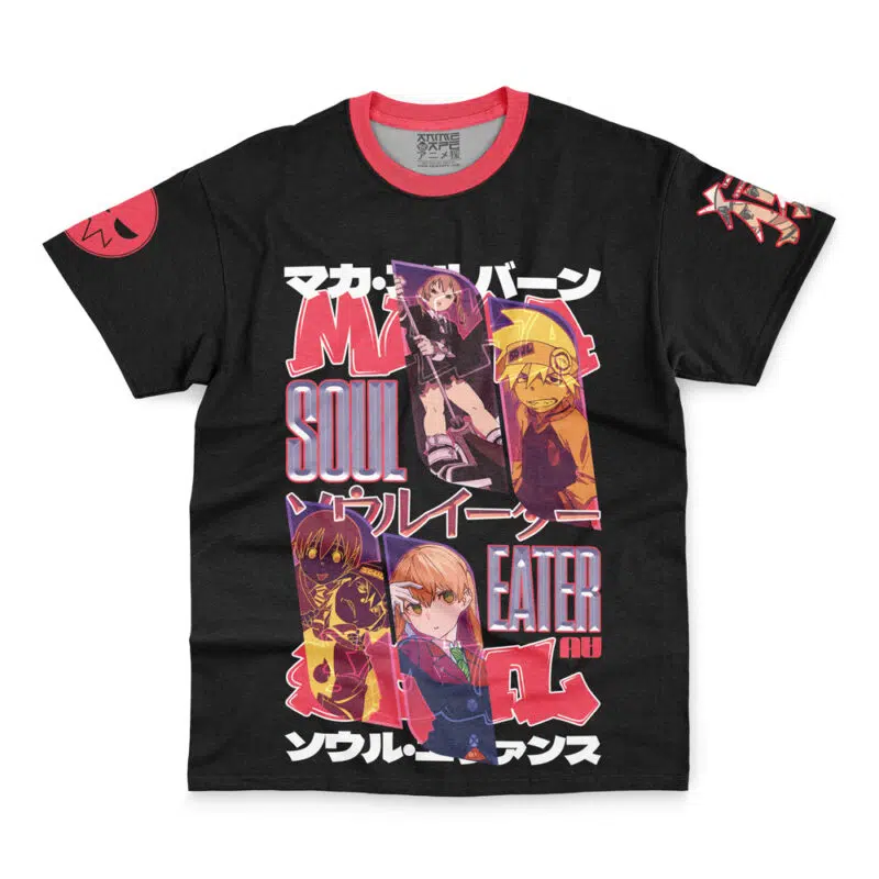 The Death the Kid V2 Soul Eater Streetwear T-Shirt is a black tee with red trim, featuring vibrant anime characters, bold "Soul Eater" text, Japanese writing, and eye-catching graphics on the front and sleeves.