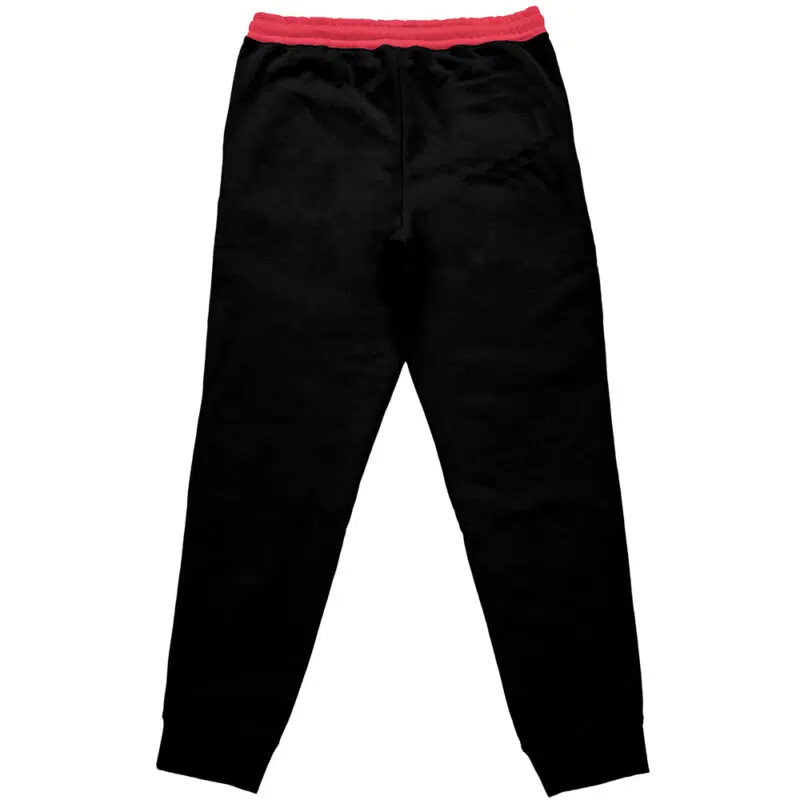 Death the Kid V2 Soul Eater Streetwear Sweatpants laid flat on a white background. These black sweatpants feature a red elastic waistband, cuffed ankles, and a relaxed fit.