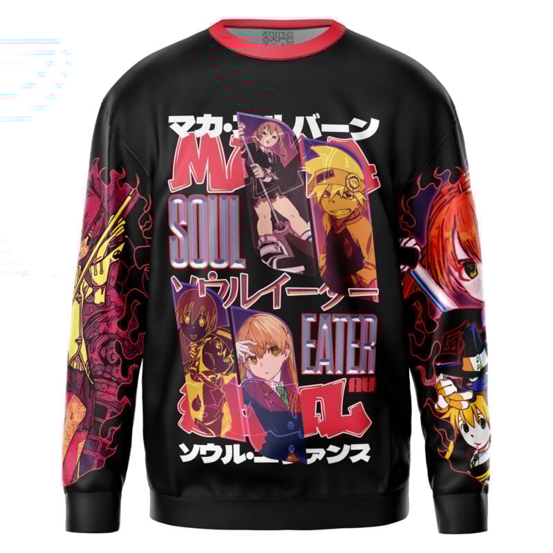 The Death the Kid V2 Soul Eater Streetwear Sweatshirt (Copy) is a black sweatshirt with vivid anime characters, Japanese text, dynamic action art, and a bold fiery look inspired by Soul Eater.