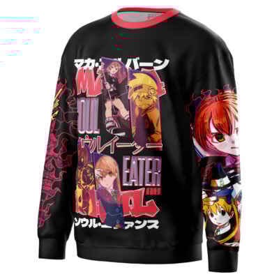 The Death the Kid V2 Soul Eater Streetwear Sweatshirt features black and red long sleeves, vibrant anime character art, Japanese text, and bold “Soul Eater” lettering across the front and sleeves.