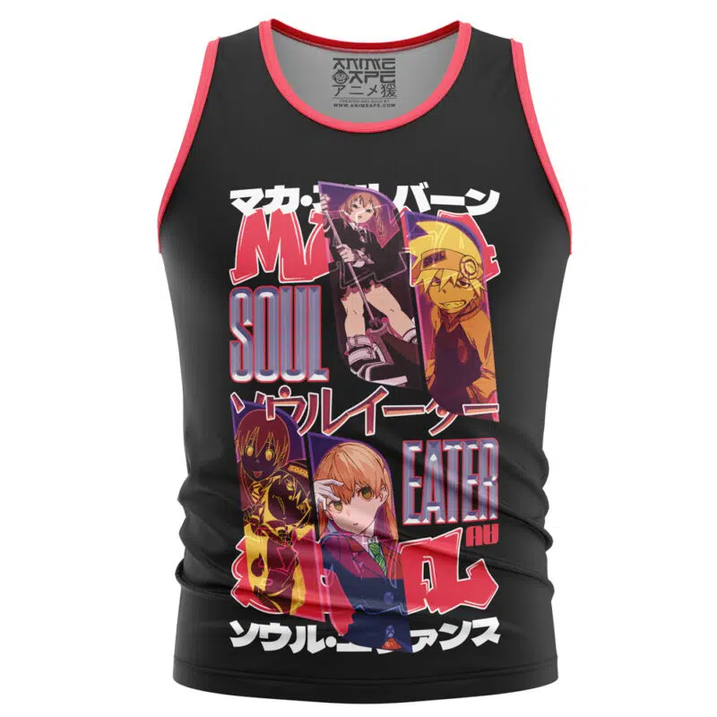 A black and red Death the Kid V2 Soul Eater Streetwear Tank Top featuring bold anime graphics and text in English and Japanese, with vibrant artwork inspired by Soul Eater characters.
