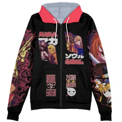 The Death the Kid V2 Soul Eater Streetwear Zip Hoodie Jacket is a black zip-up hoodie with colorful anime graphics, bold "Soul Eater" and "2 Star Meister" text, plus sleeve and front panel designs.