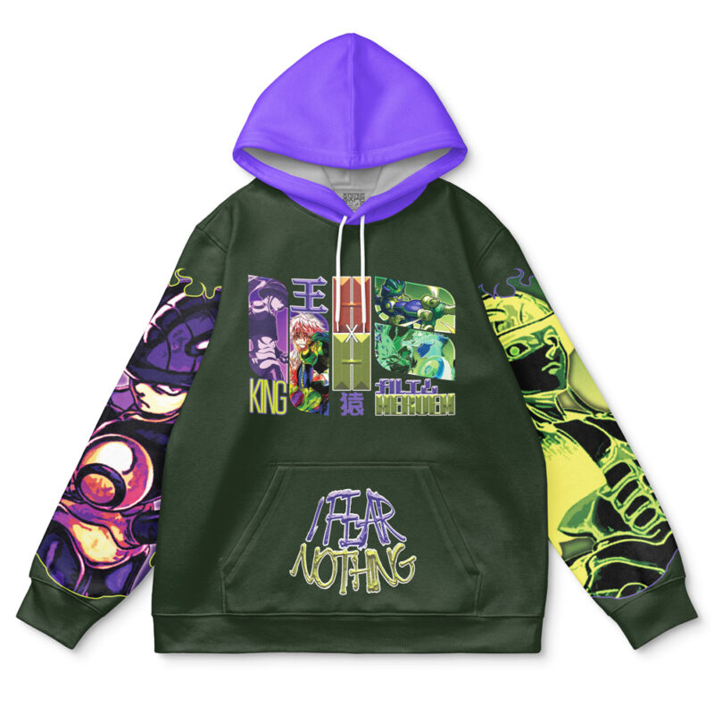 The Gon Freecss V2 Hunter x Hunter Streetwear Hoodie features anime-style graphics, bold text like KING and I FEAR NOTHING, Japanese kanji, a purple hood, and multicolor green, yellow, and purple sleeve designs.