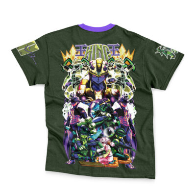 The Gon Freecss V2 Hunter x Hunter Streetwear T-Shirt is dark green with bold, colorful back art of armored characters in action, lightning effects, and stylized top text. Sleeves feature extra green and purple graphics.