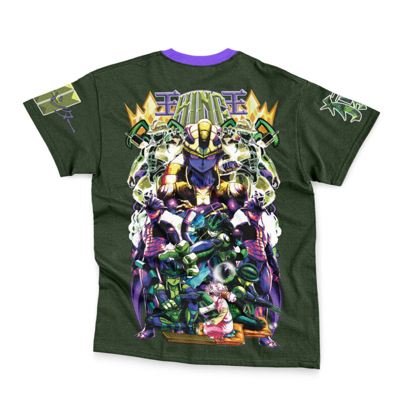 The Gon Freecss V2 Hunter x Hunter Streetwear T-Shirt is dark green with bold, colorful back art of armored characters in action, lightning effects, and stylized top text. Sleeves feature extra green and purple graphics.