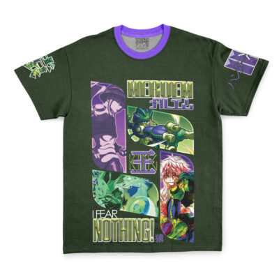 The Gon Freecss V2 Hunter x Hunter Streetwear T-Shirt is a dark green tee with purple accents, featuring vibrant anime-style graphics and text like “Meruem,” “FLTLZ,” and “I FEAR NOTHING!” on the front and sleeves.