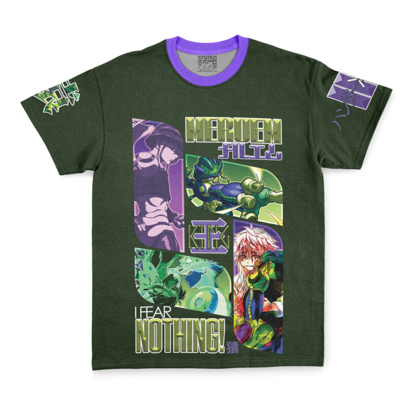 The Gon Freecss V2 Hunter x Hunter Streetwear T-Shirt is a dark green tee with purple accents, featuring vibrant anime-style graphics and text like “Meruem,” “FLTLZ,” and “I FEAR NOTHING!” on the front and sleeves.
