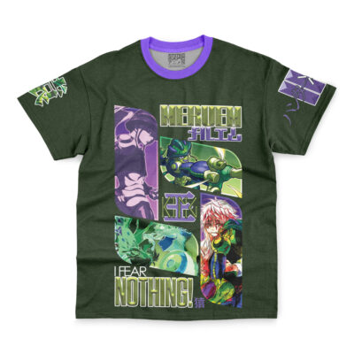 The Gon Freecss V2 Hunter x Hunter Streetwear T-Shirt is a dark green anime-inspired tee with purple trim, featuring vibrant panels of Gon and other characters plus bold text and Japanese characters on the front and sleeves.