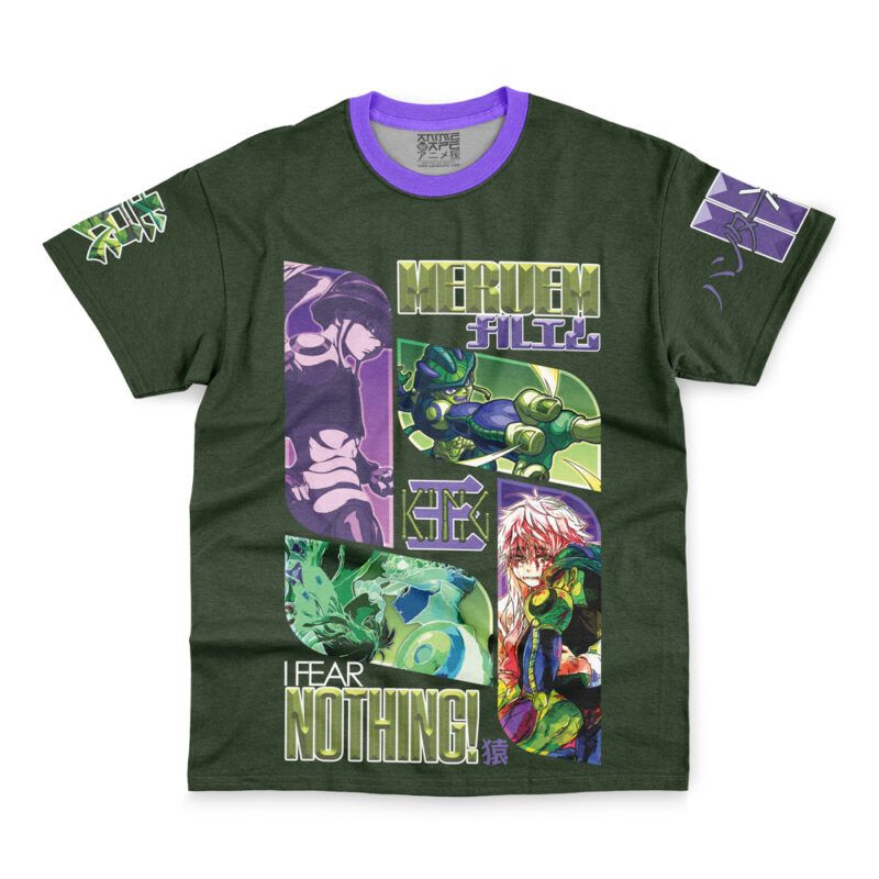 The Gon Freecss V2 Hunter x Hunter Streetwear T-Shirt is a dark green anime-inspired tee with purple trim, featuring vibrant panels of Gon and other characters plus bold text and Japanese characters on the front and sleeves.