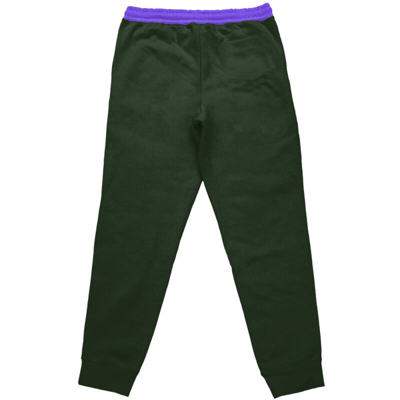 Back view of Gon Freecss V2 Hunter x Hunter Streetwear Sweatpants in dark green with a purple elastic waistband and cuffed ankles, shown on a plain white background.