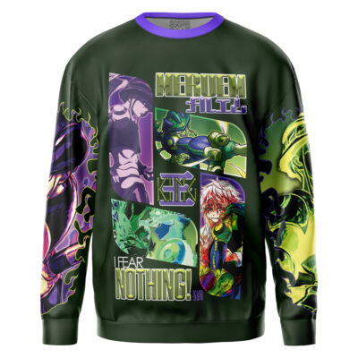 A dark green crewneck sweatshirt featuring colorful anime-style illustrations, bold “Gon Freecss V2,” “I FEAR NOTHING!” text, stylized Japanese characters, and dynamic Hunter x Hunter character art on the front and sleeves.