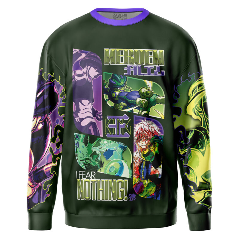 A dark green crewneck sweatshirt featuring colorful anime-style illustrations, bold “Gon Freecss V2,” “I FEAR NOTHING!” text, stylized Japanese characters, and dynamic Hunter x Hunter character art on the front and sleeves.