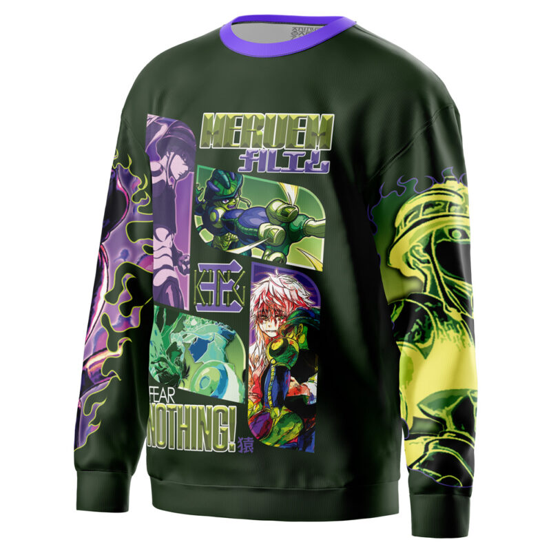 The Gon Freecss V2 Hunter x Hunter Streetwear Sweatshirt is a dark green sweatshirt with bold anime-style graphics, featuring Gon in green armor, a red-haired character, lightning effects, and HEAVEN FILTH & FEAR NOTHING! text.