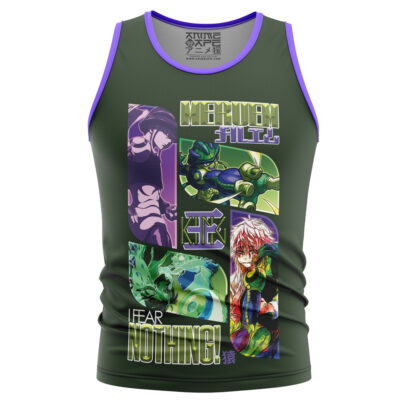 A dark green Gon Freecss V2 Hunter x Hunter Streetwear Tank Top with purple trim, vibrant anime-style graphics, and bold text reading MERUEM and I FEAR NOTHING! in colorful fonts on the front.